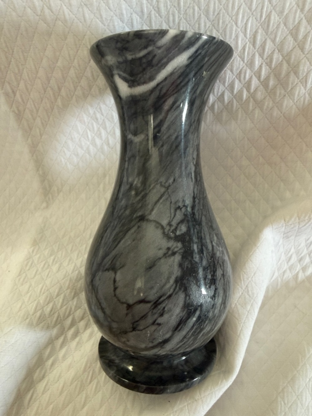 Vintage 8” Solid Marble Vase – Hand Carved Grey & White Veined Stone